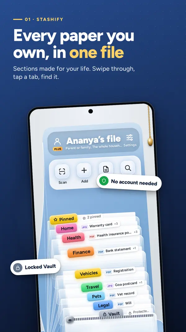 Stashify folding file with colour-coded sections such as Home, Health, Finance and Vault