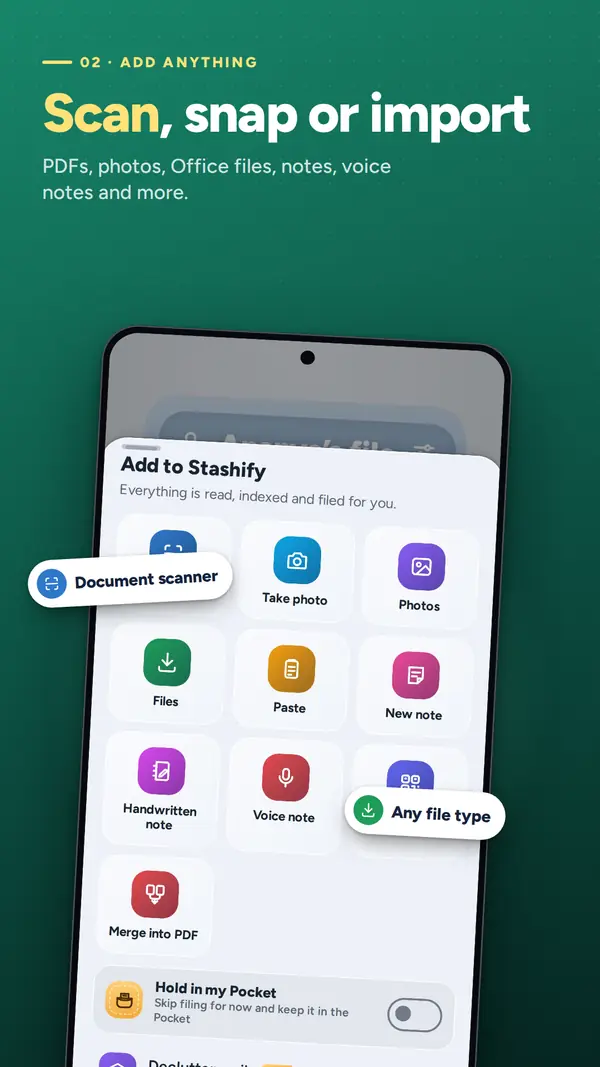 The add sheet with document scanner, photos, files, paste, notes and merge
