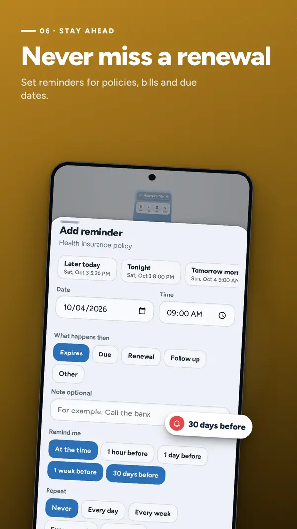 Adding a renewal reminder 30 days before a health insurance policy is due